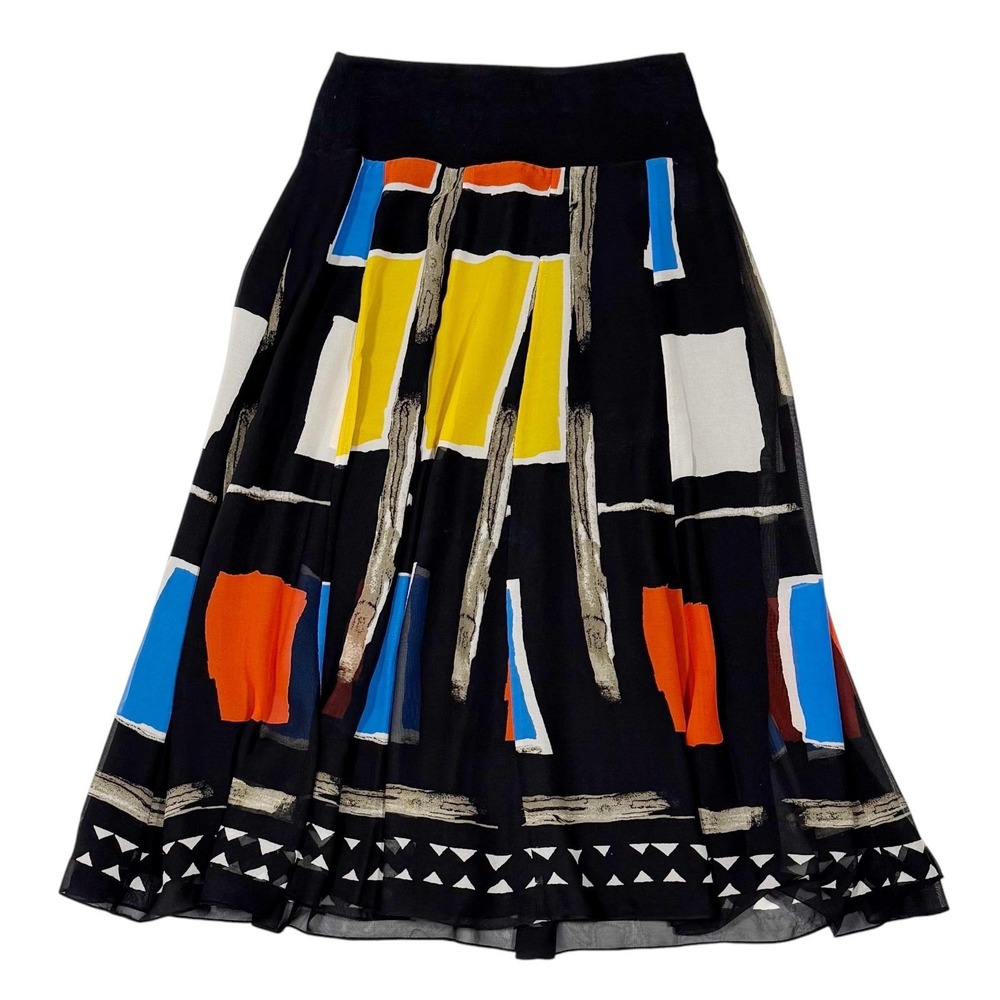 Jones New York Petite Silk Abstract Geometric Print Midi Skirt Black PS